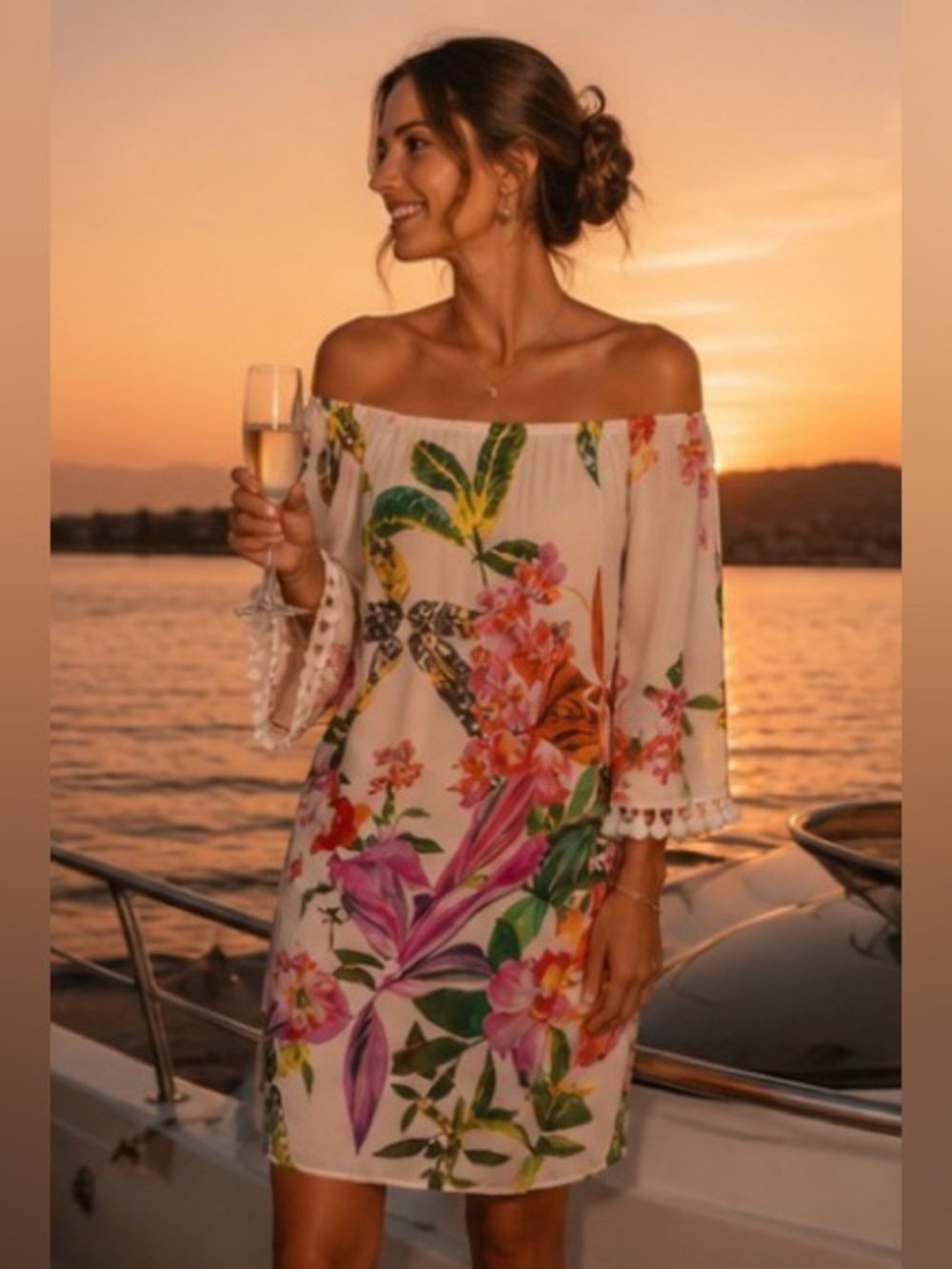 Trina Turk Off Shoulder Floral Tassel Mini Dress Resort Boho Chic